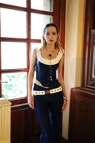 LARA ARI Ekru Kemer Detaylı Işıltılı İspanyol Paça Pantolon