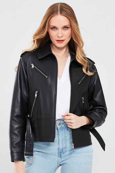 Derimod Maya Women's Black Regular Leather Jacket - Shirt Collar, Short Length 24sge51771m