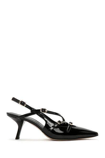 Derimod Women's Black Open Back Thin Heeled Patent Leather Genuine Leather Heeled Shoes Stiletto 24Sfd121016