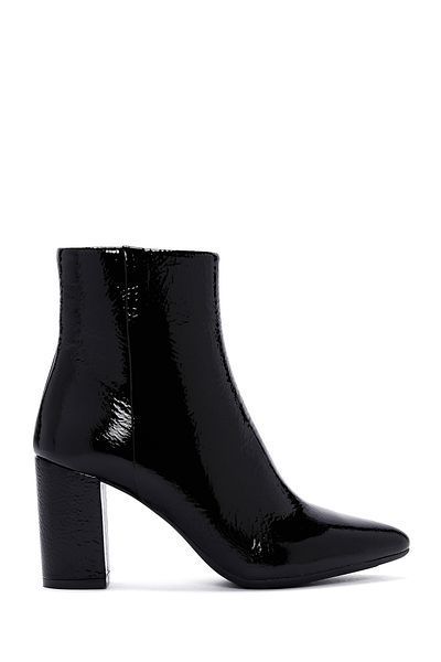 Derimod Gritti Women's Black Zippered Thick Heeled Patent Leather Boots 24Wfd 110018