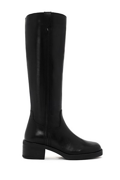 Derimod Women's Black Zippered Short Thick Heeled Leather Boots 24Wfd 280818