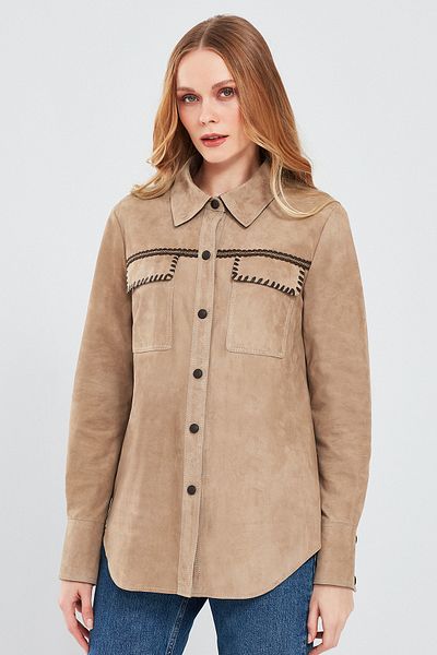 Derimod Amalfi Women's Beige Shirt Style Suede Leather Jacket 24Sgd 519510