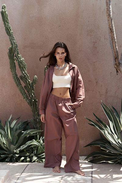 MAİ COLLECTİON Mirabella Light Burgundy Shirt Pants Set
