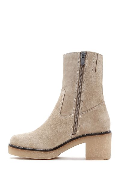 Derimod Beige Suede Leather Short Heeled Boots - Zipper Detailed, 24WFD 150910