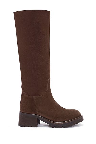 Derimod Women's Brown Thick Heeled Suede Leather Boots 24Wfd 153110