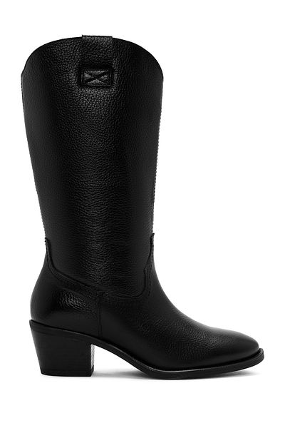 Derimod Women's Black Leather Thick Heeled Cowboy Boots 24Wfd1405Ft