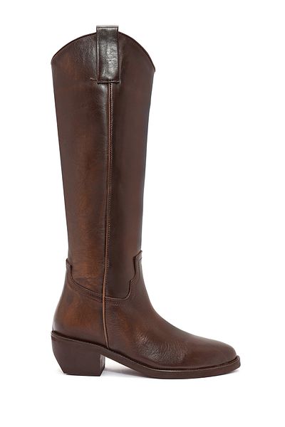 Derimod Women's Brown Thick Heeled Leather Cowboy Boots 24Wfd 187018