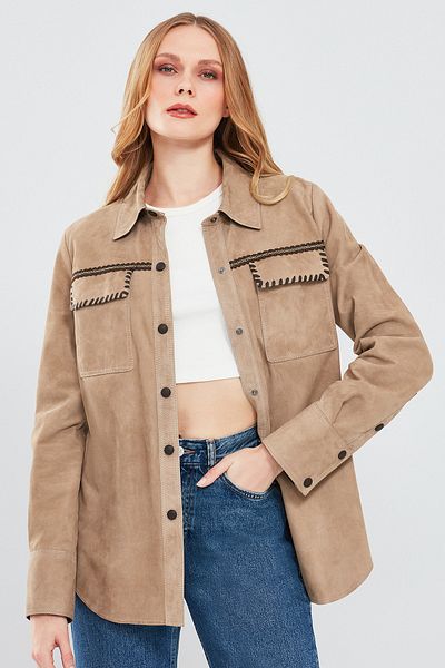 Derimod Amalfi Women's Beige Shirt Style Suede Leather Jacket 24Sgd 519510