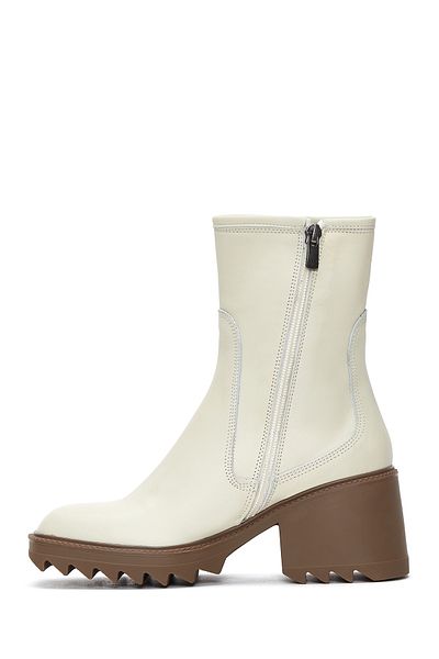 Derimod Women's Beige Zippered Thick Heeled Leather Boots 24Wfd 131518