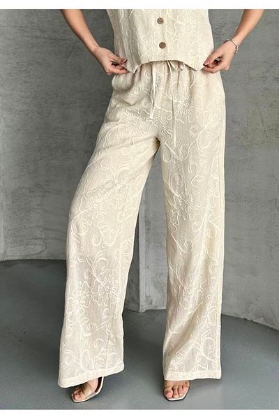 HandCo Women's Embroidered Palazzo Trousers Stone Color Lined