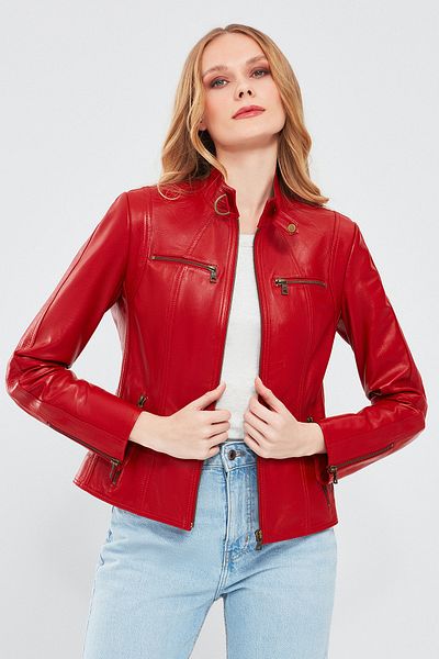 Derimod Maria Women's Red Short Leather Jacket - 24sge51781m