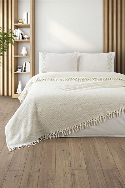 Sevim Tivoli Double Jacquard Pattern Lacing Fringed Pique Set - Delfina - Cream