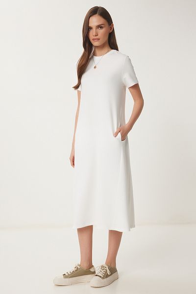 Lovelyİstanbul Ecru Color A-Line Knitted Summer Dress - Lub0005