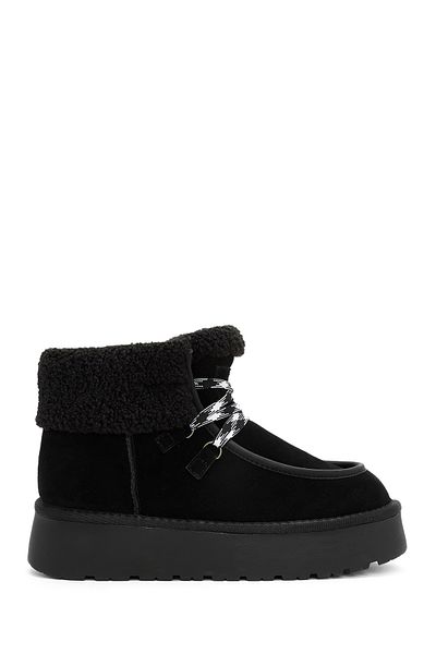 Derimod Women's Black Thick Soled Furry Suede Leather Boots 24Wfd 405010