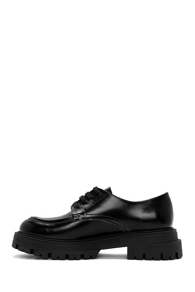 Derimod Women's Black Thick Soled Lace-Up Genuine Leather Masculine Casual Loafer Shoes 24Wfd184922