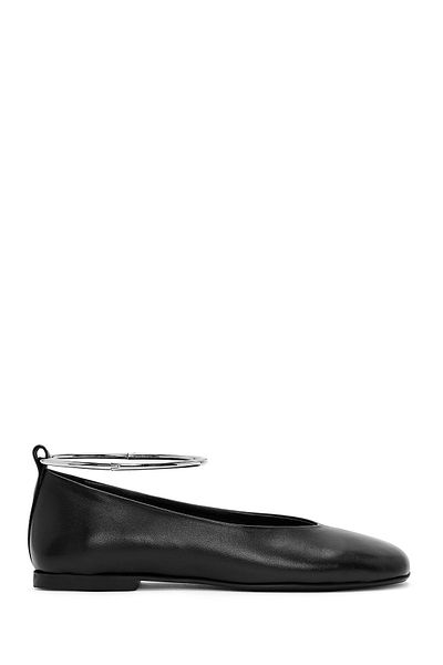 Derimod Women's Black Metal Detailed Leather Ballerinas 24Sfd 182418