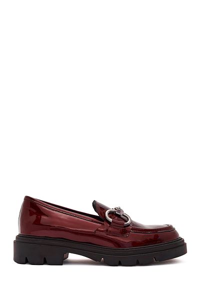 Derimod Women's Burgundy Buckle Detailed Patent Leather Genuine Leather Masculine Casual Loafer Shoes 24Wfd161816
