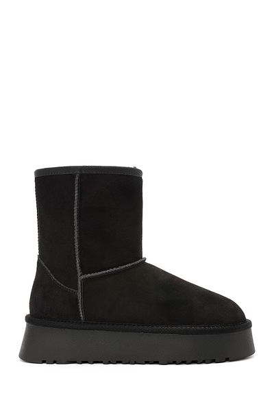 Derimod Women's Black Fur Detailed Thick Soled Suede Leather Boots 24Wfd 478410