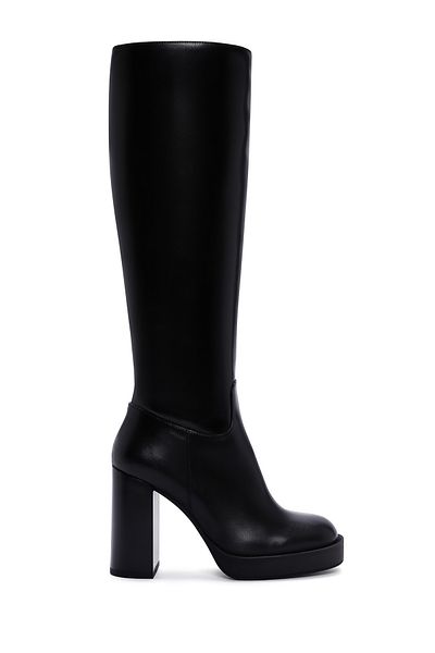 Derimod High Heeled Black Leather Women's Boots - Zippered 24Wfd 100818