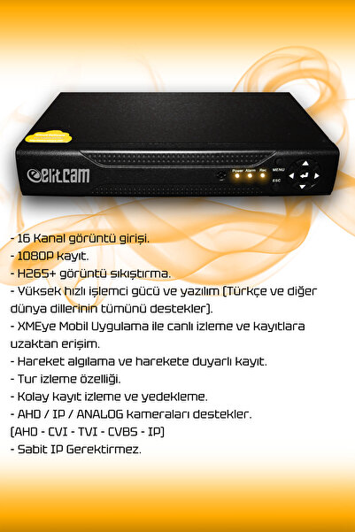 Elitcam 12 Kameralı Kare 12 Dış Kamera Set 1 Tb Hdd Full Hd Gece Görüşlü Güvenlik Kamerası Sistemi