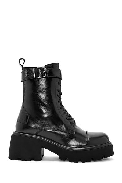 Derimod Women's Black Lace-Up Zippered Thick Soled Leather Boots 24Wfd 201818