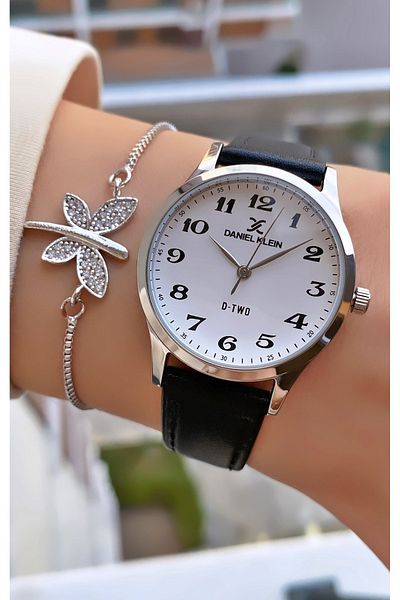 Daniel Klein Mrd11394 Black Color Square Case Leather Cord Women's Wristwatch with Bracelet Gift