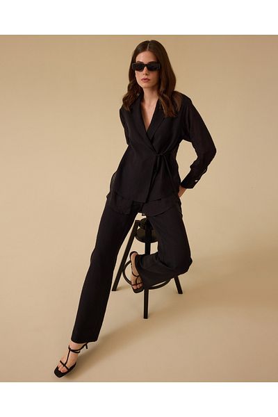 SEÇİL Women's Wide Leg Linen Trousers - Black