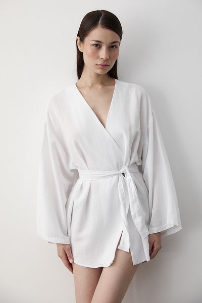 Laluvia Ecru bavlněné kimono s detailem na knoflíky a páskem