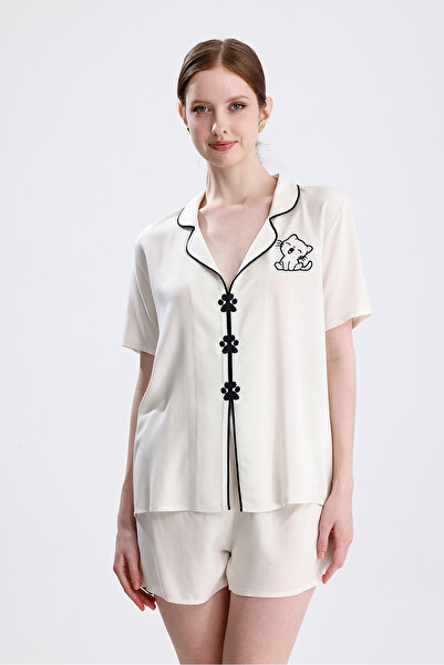 Laperissa Kadın Kısa Kol Şortlu Kedi Desenli Nakışlı Pijama Takımı