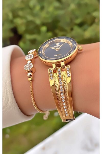 Fiesta Gold Colored Steel Cord Women's Wristwatch and Bracelet Gift