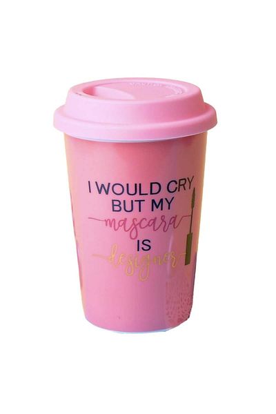 PUFO Ceramic Travel Coffee Mug With Silicone Lid, 415 Ml, My Mascara Is Designer Model, Pink