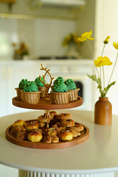 justwood 2 Katlı 25/30 cm Gold FİLİZ Ahşap Kek Sunum Standı, Servis Sunum Tab...