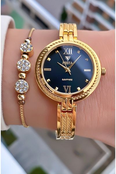 Fiesta Gold Color Waterproof Women's Wristwatch and Bracelet Gift