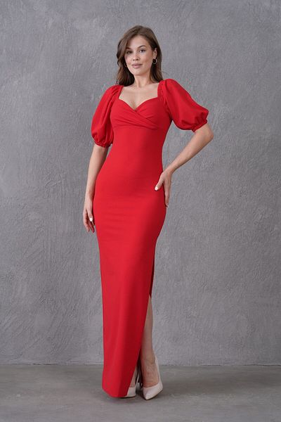 bayansepeti Rochie maxi din țesătură creponată roșie, cu decolteu dublu, cu mânecă cu balon, cu detaliu cu fantă 582853