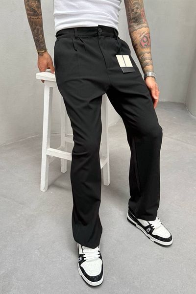 MADZEYMODA Μαύρο φαρδύ πλισέ ανδρικό παντελόνι - KE-1000