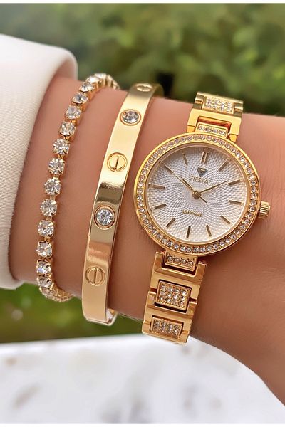 Fiesta Gold Colored Steel Cord Women's Wristwatch and Bracelet Gift
