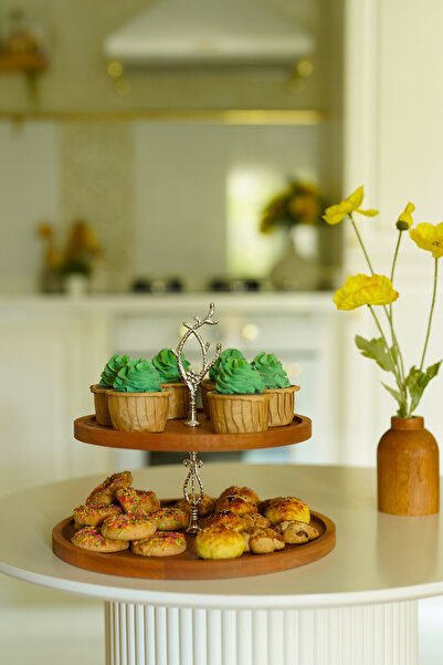 justwood 2 Katlı 25/30 cm Gümüş FİLİZ Ahşap Kek Sunum Standı, Servis Sunum Ta...