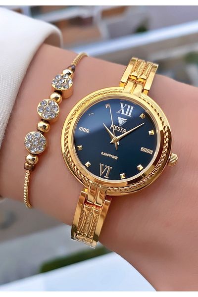 Fiesta Gold Color Waterproof Women's Wristwatch and Bracelet Gift