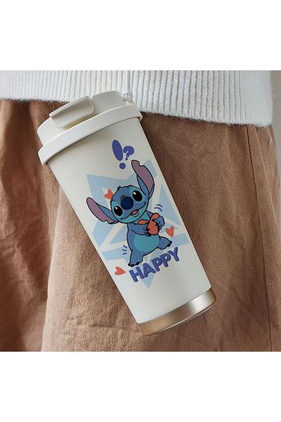 Miniso Straw Cup-1 600ml Kawaii Stitch Anime Straw Cup 304 Stainless Cartoon Thermos Cup Portable Double Dr