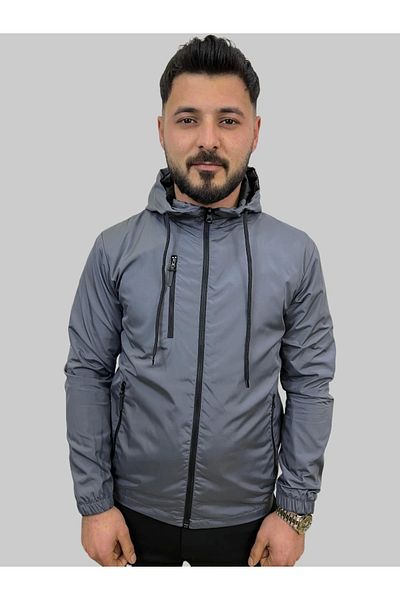 Booss Milano Men's Hooded Finish Detailed Smoked Raincoat