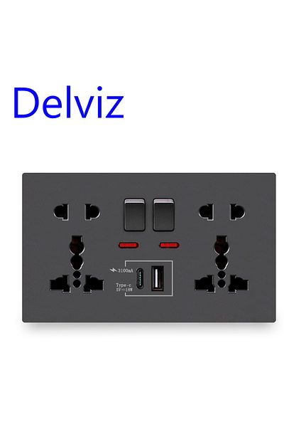 DELVIZ 110-250v Gray Wall Quick Charge Socket, 18w Type-c Ports, Dual Switch Control Universal Power