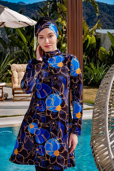 Mayom Quick Dry Tights Lycra Floral Patterned Hijab Swimsuit 2522