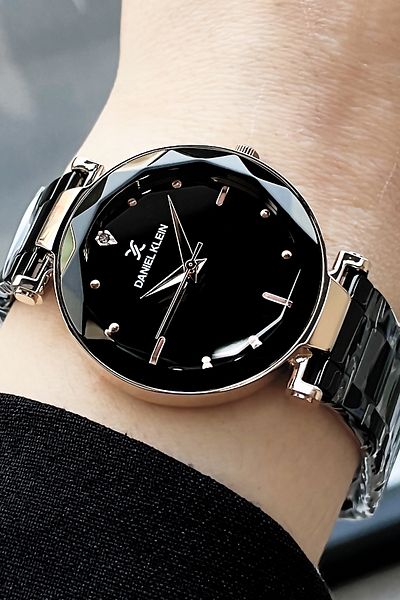 Daniel Klein Rhinestone Cutting Glass Waterproof Women Wristwatch Black Rose Color Steel Band Gift Bangle Dkby2038C7
