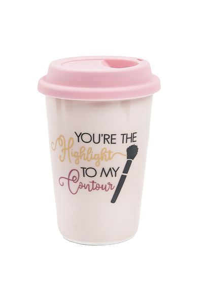 PUFO Ceramic Travel Coffee Mug With Silicone Lid, 415 Ml, You're The Highlight Model, Pink