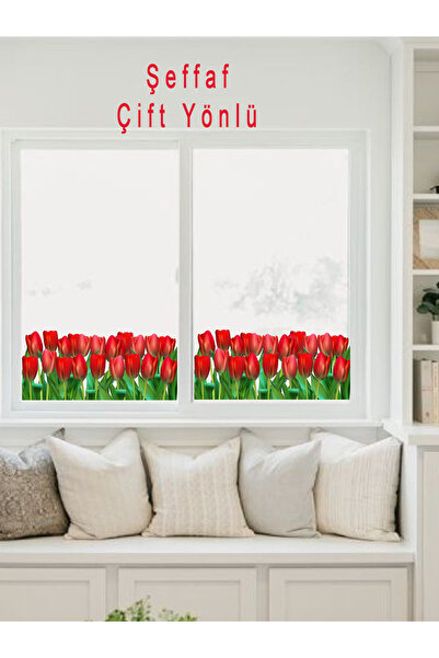 MAARS Kırmızı  Lale Desenli Şeffaf Malzeme çift yönlü Cam Sticker - Cam Süsü ...