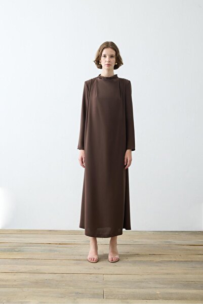 TERZİ DÜKKANI ZARİF KREP ELBİSE KAHVE