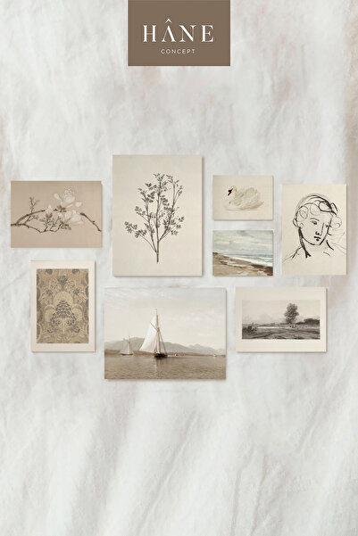 Hane Concept Botanik ve Deniz Baskı Seti, Vintage Galeri Duvarı, Karakalem ve Bej Baskı, Çiftlik Evi Tarzı