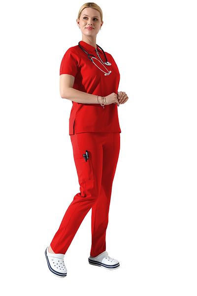BEDUCA Red Lycra Polo Collar Zippered Nurse Uniform Set, Esthetician and Beauty Center Outfit