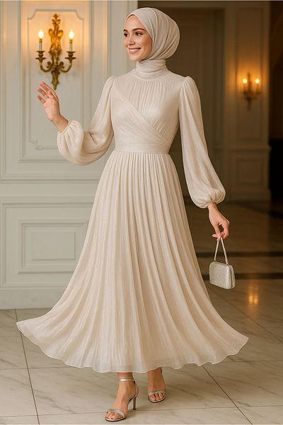 TRENDTESETTÜR Women's Ecru Stone Collar Evening Dress t 6063