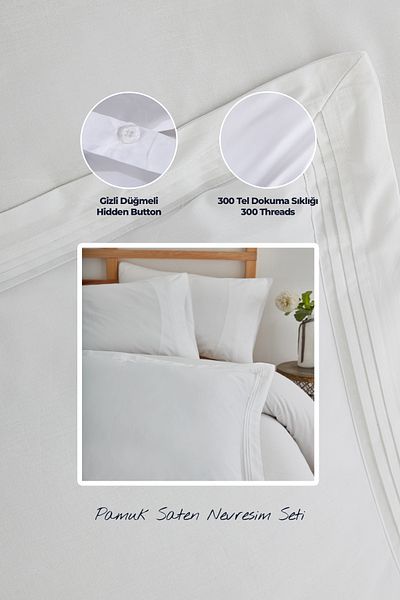 Evlen Home Collection 300 Tc King Σετ Παπλωματοθήκη με ραβδώσεις από βαμβακερό σατέν King Size 6 τεμαχίων Κρέμα Off White Stella